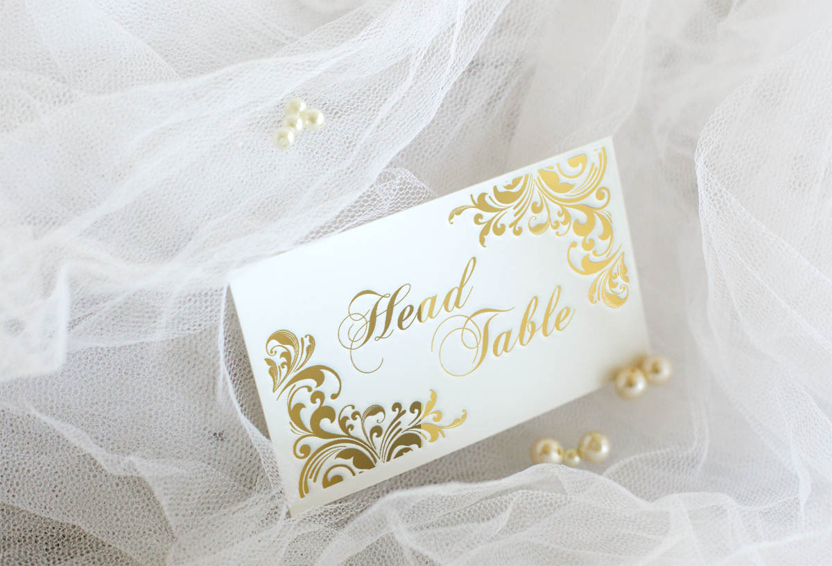 head table card with gold foil